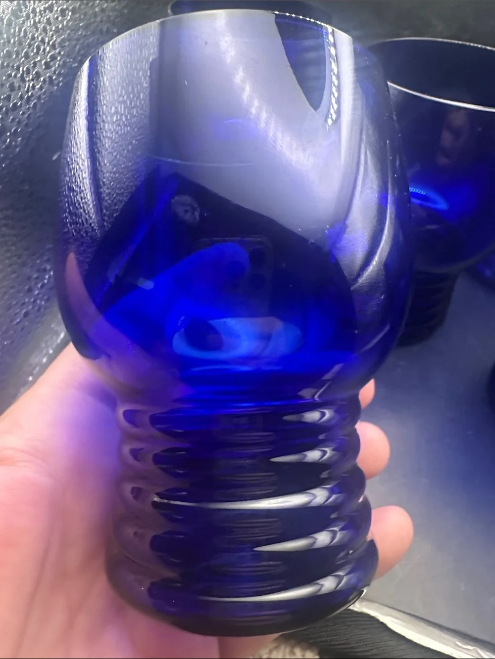 RARE Vintage Imperial Cobalt Blue Glass Shaeffer Footed PLATINUM Trim 4” Juice